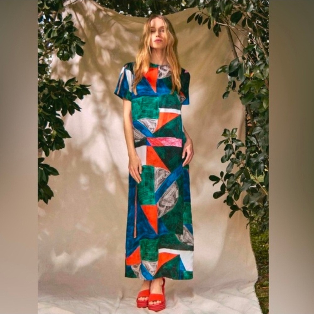 Hunter Bell Valerie Dress Mosaic Print Multicolor Geometric Maxi Size 10 NEW